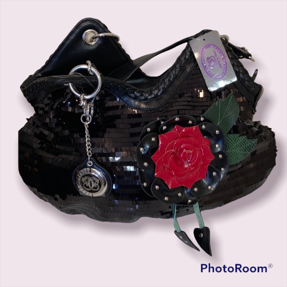 Gorgeous Sharif satchel NWT. Outer body is black sequins with a deceptive rose